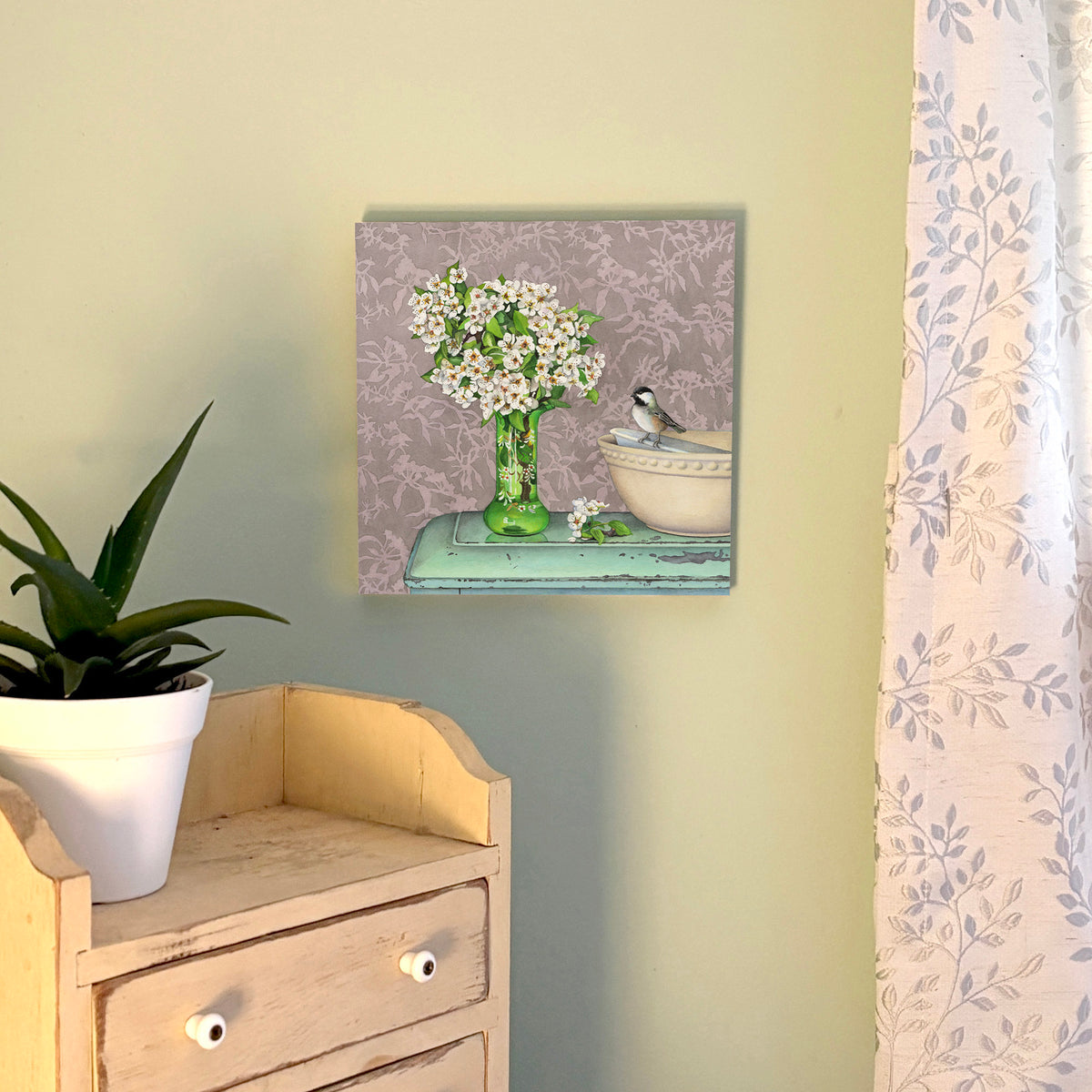 Blossoms, Bird and Bowls - Wood Mounted Art Print