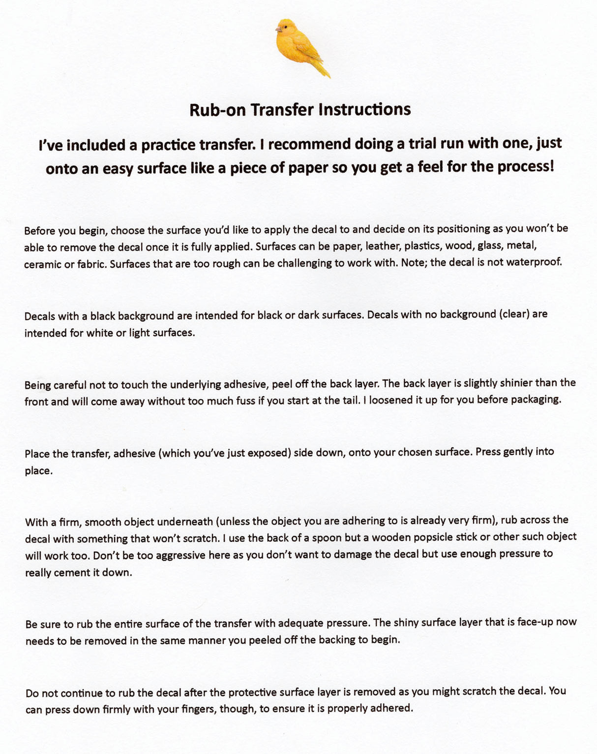 Canary Dry Rub Art Transfers - pack of 6 assorted sizes for black or white surfaces