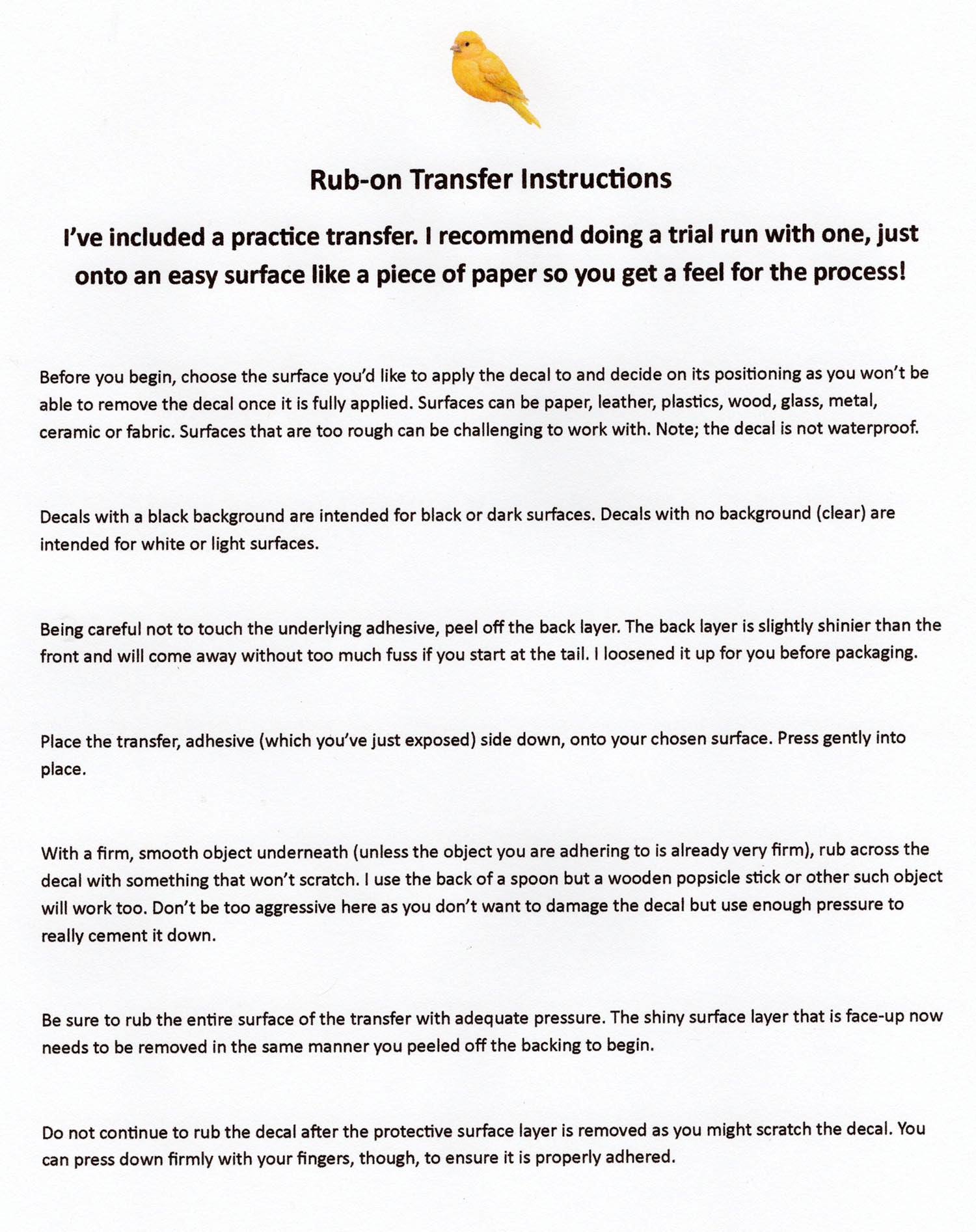 Canary Dry Rub Art Transfers - pack of 6 assorted sizes for black or white surfaces