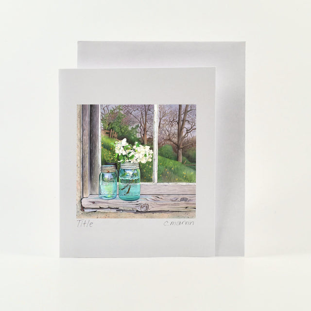 art card of watercolour painting of apple blossoms in old canning jars on window ledge