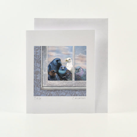 Art card from watercolour of A group of misfit birds (crow, seagull, cowbird, grackle, pigeon and starling) are staring menacingly into your window
