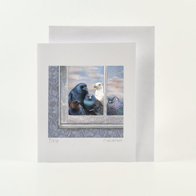 Art card from watercolour of A group of misfit birds (crow, seagull, cowbird, grackle, pigeon and starling) are staring menacingly into your window