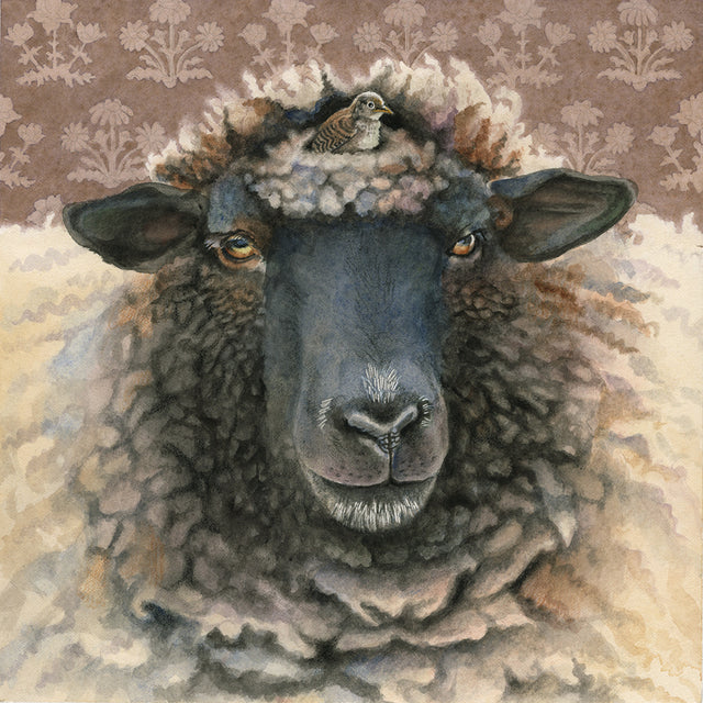 watercolor painting of a headshot of a woolly sheep with a wren in a cozy wool nest on the sheep's head