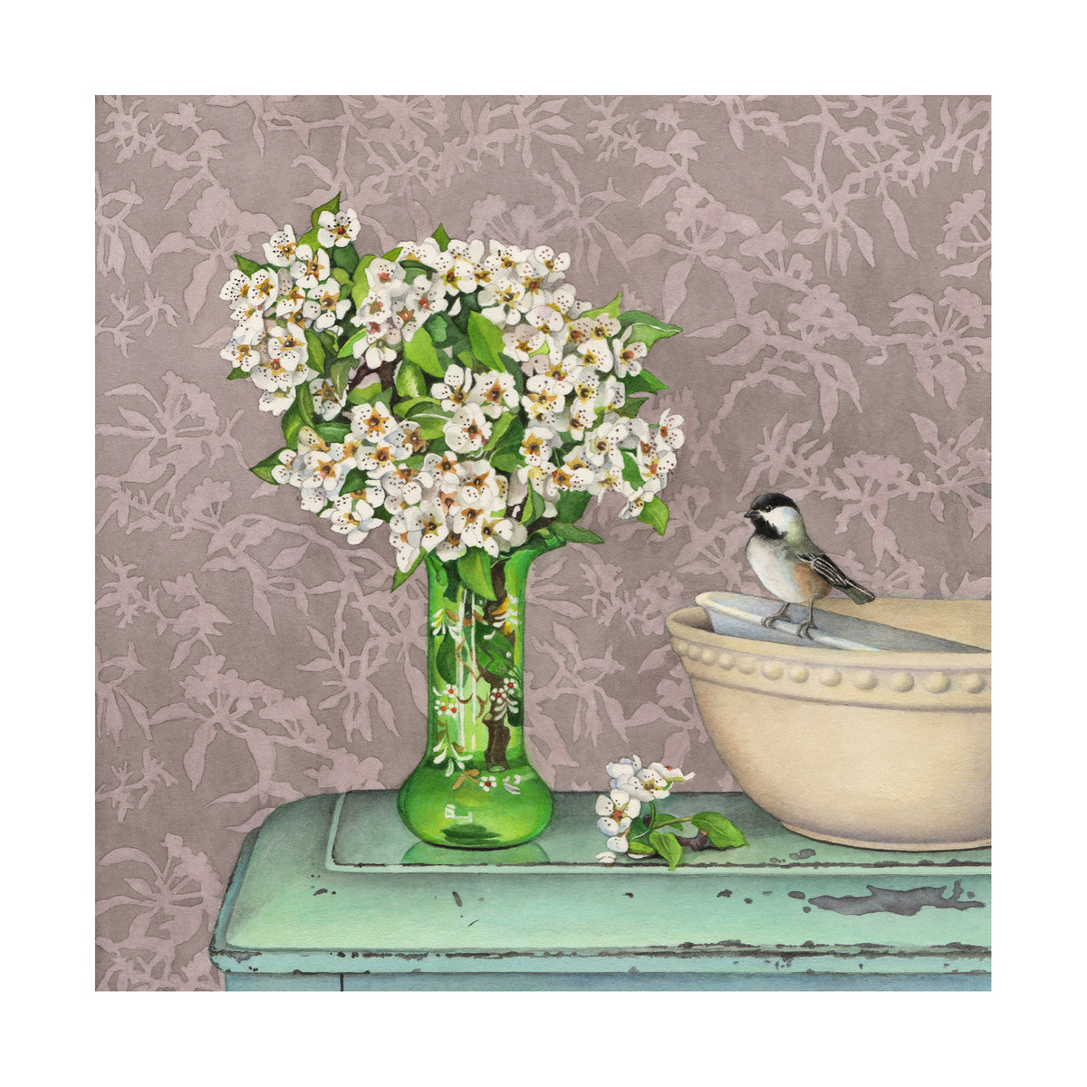 Blossoms, Bird and Bowls - Wood Mounted Art Print