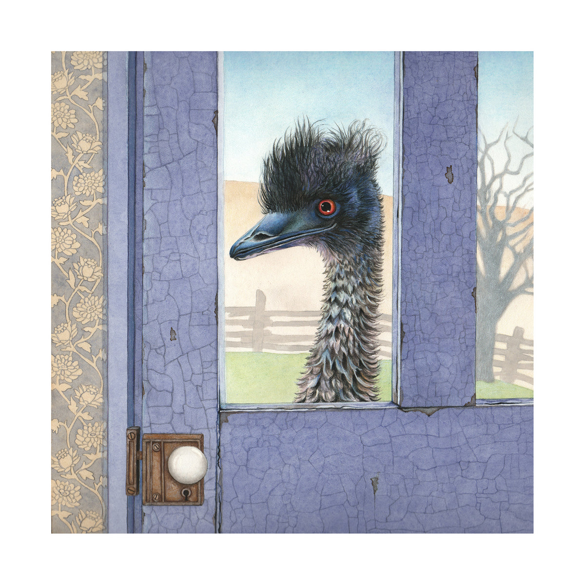 Emu at the Blue Door - Wood Mounted Art Print