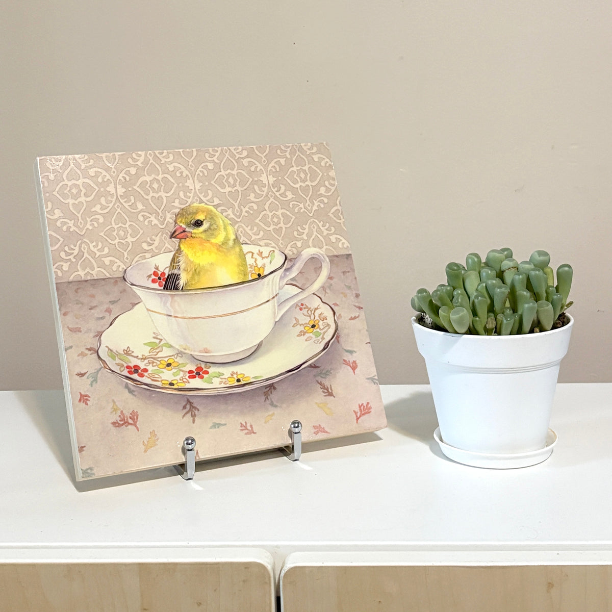 Finch in a Cup - Wood Mounted Art Print