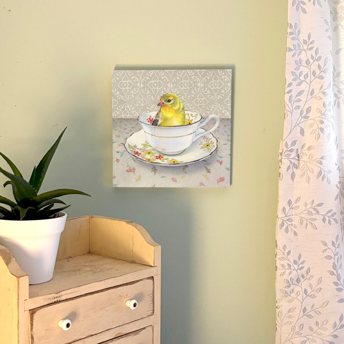 Finch in a Cup - Wood Mounted Art Print