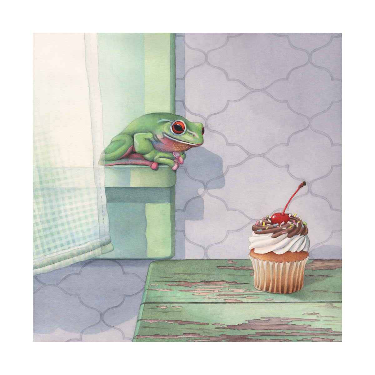 Frog Covets Cupcake - Wood Mounted Art Print