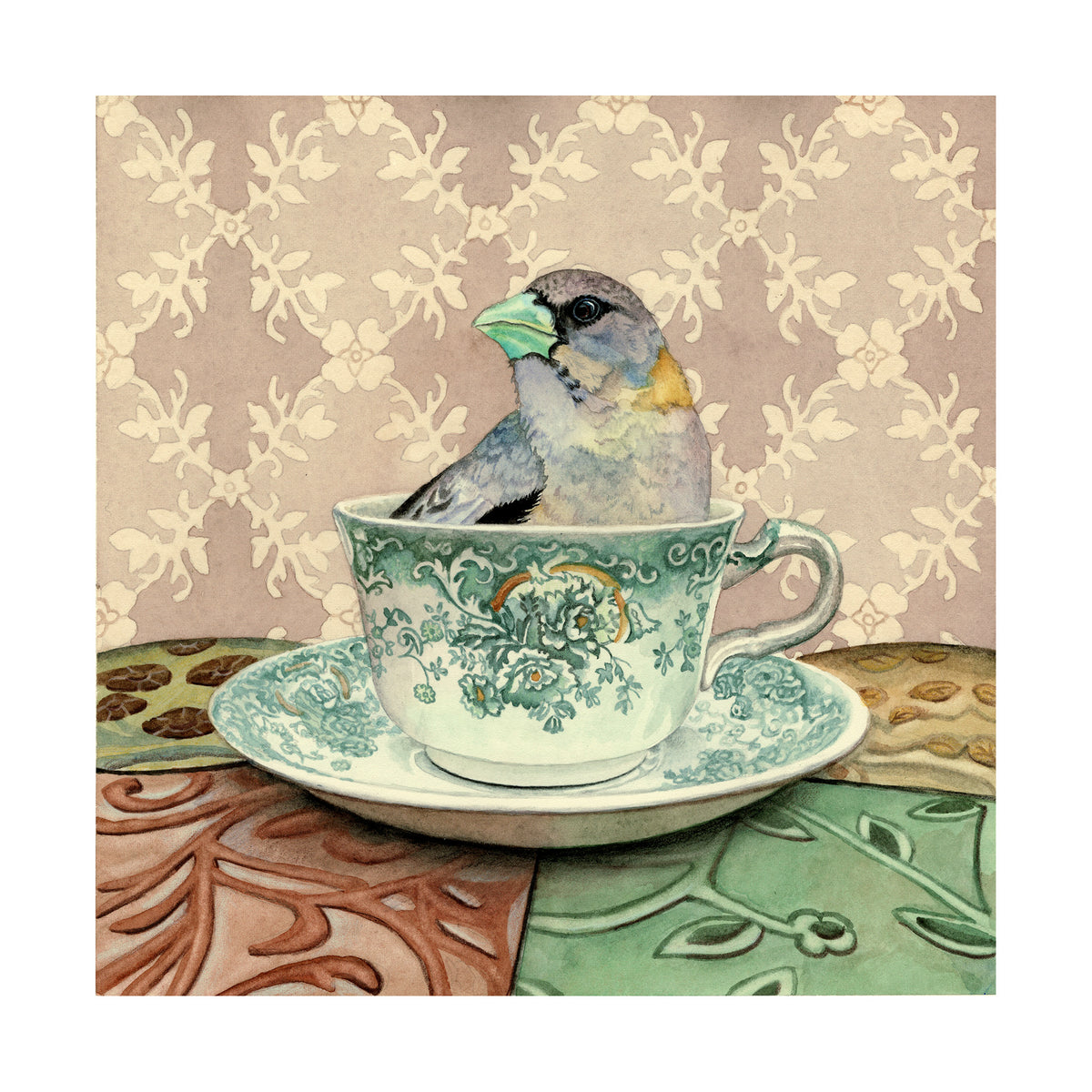 Grosbeak in a Cup - Wood Mounted Art Print