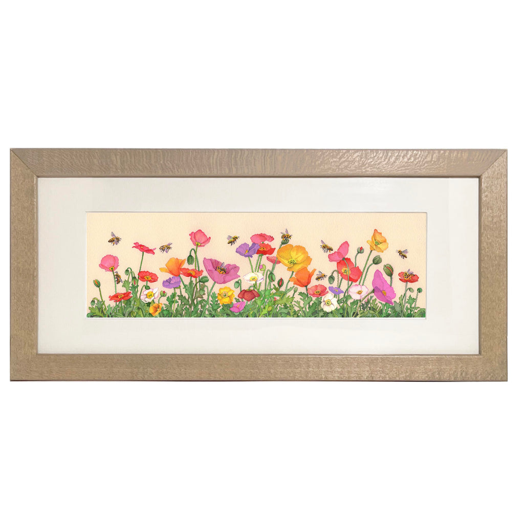 Poppies and Bees (long format framed print)