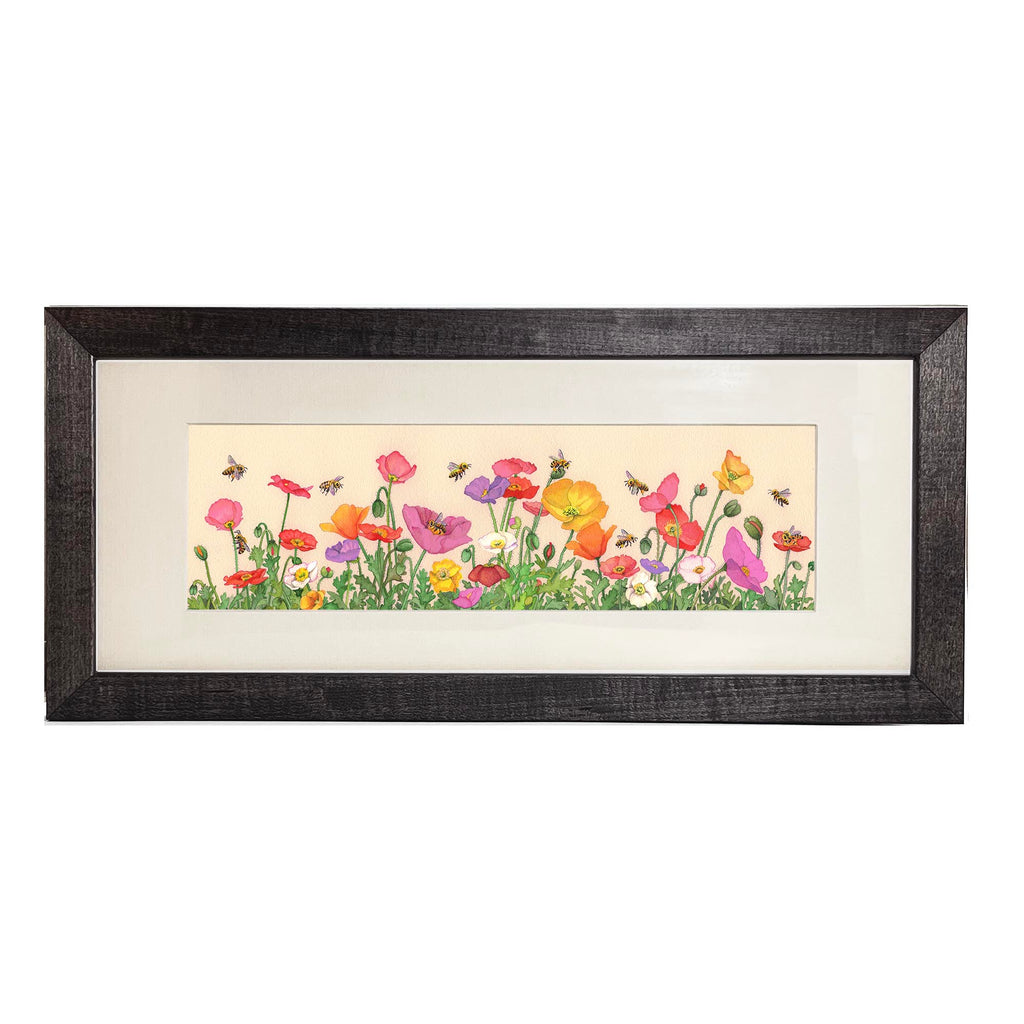 Poppies and Bees (long format framed print)