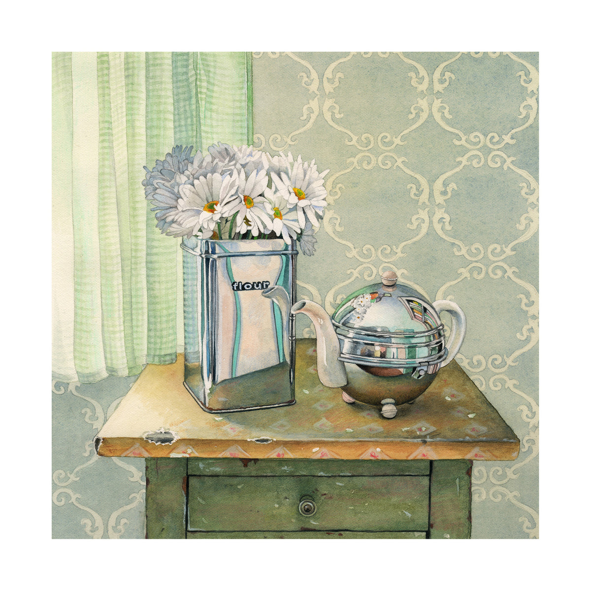 Tea and Daisies - Wood Mounted Art Print