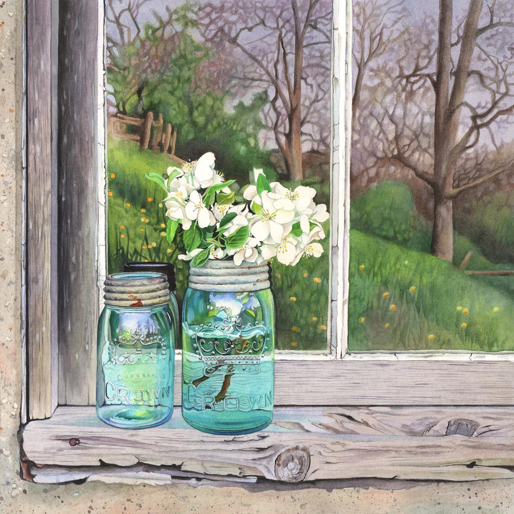watercolour painting of apple blossoms in old canning jars on window ledge