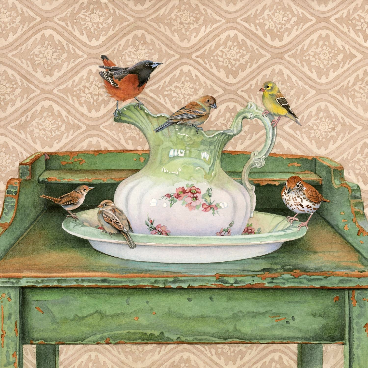 watercolour painting of an old wash stand with a male orchard oriole, a sparrow, a female goldfinch, a juvenile wood thrush, another sparrow and a wren.
