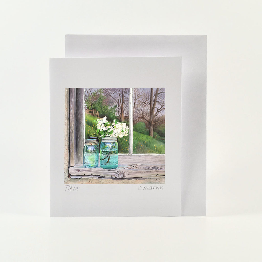 art card of watercolour painting of apple blossoms in old canning jars on window ledge