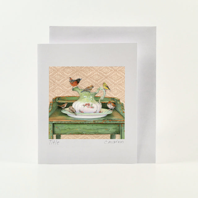 art card of watercolour painting of an old wash stand with a male orchard oriole, a sparrow, a female goldfinch, a juvenile wood thrush, another sparrow and a wren.