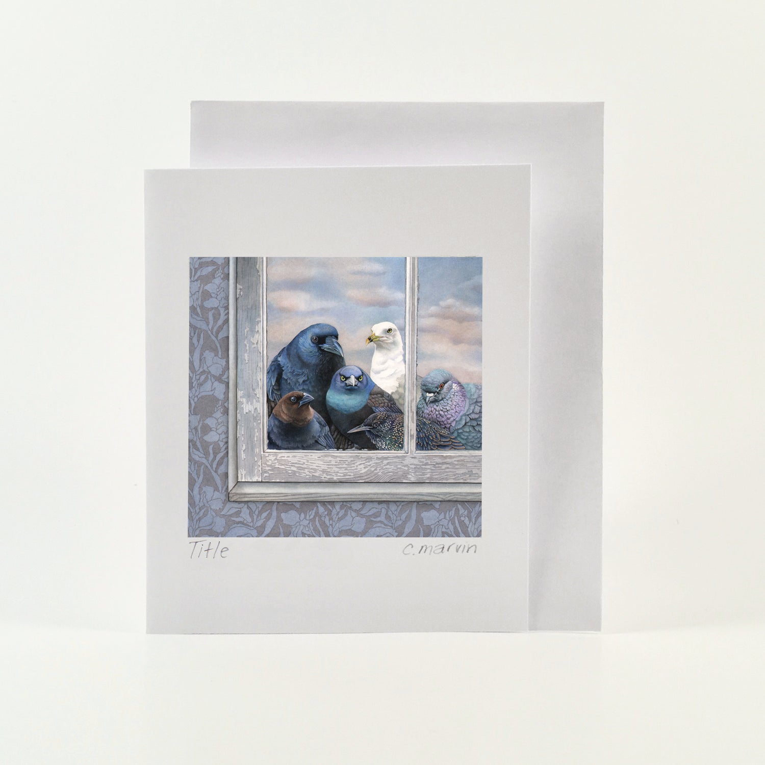 Art card from watercolour of A group of misfit birds (crow, seagull, cowbird, grackle, pigeon and starling) are staring menacingly into your window