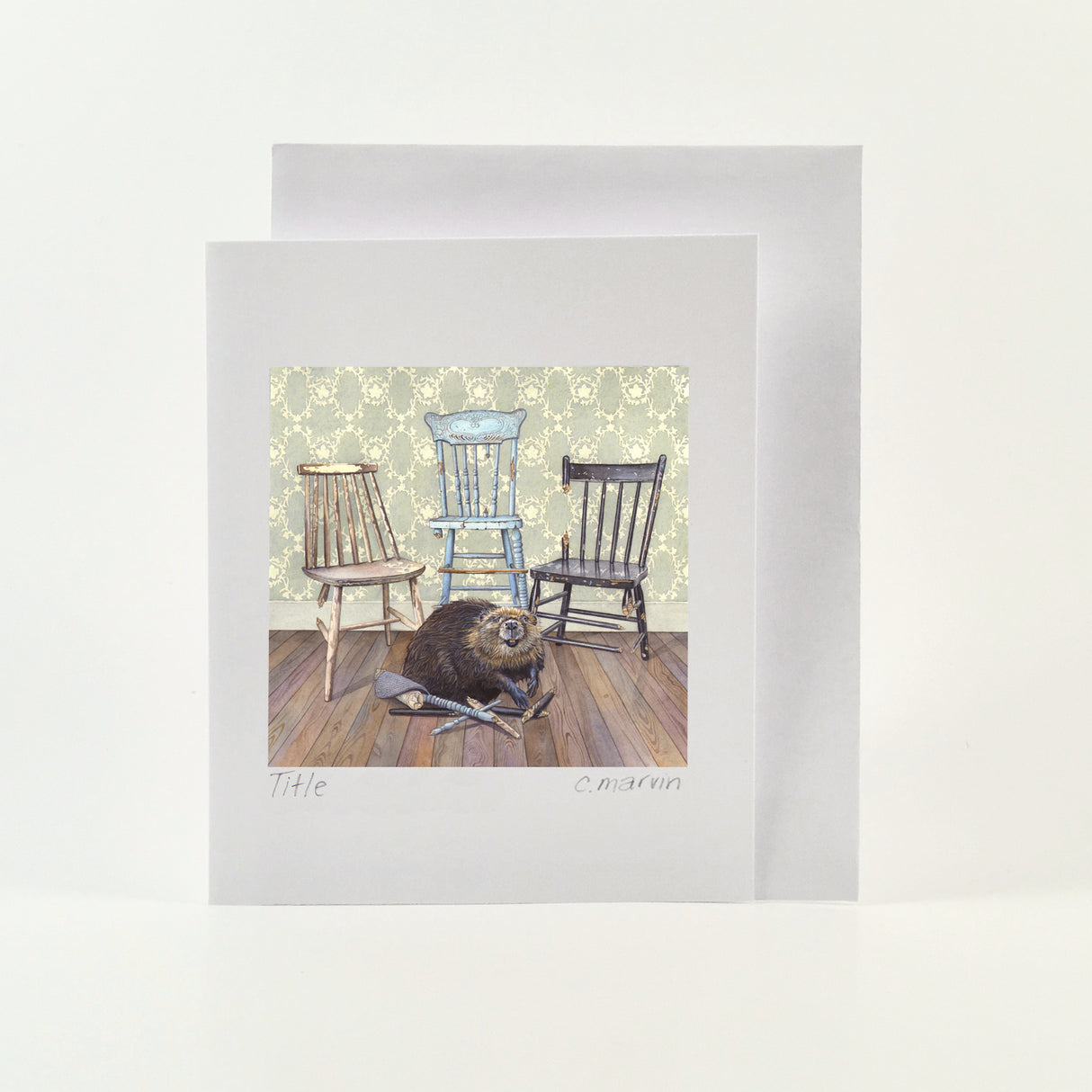 Art card from watercolour of  a beaver chewing several chair legs that he has removed from some antique chairs in the background