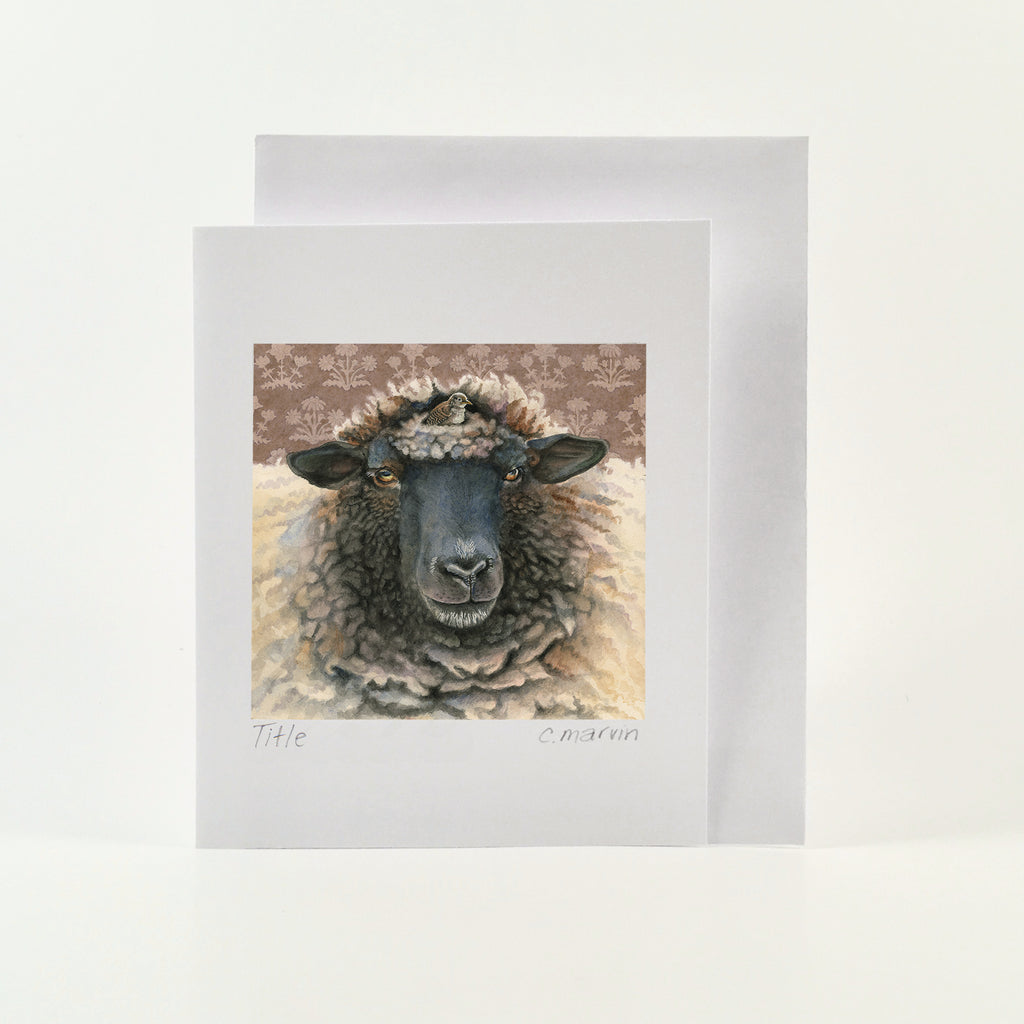 art card from watercolour painting of headshot of a woolly sheep with a wren in a cozy wool nest on the sheep's head