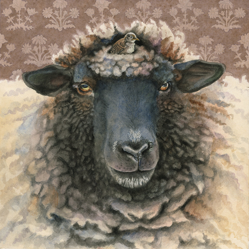 watercolour painting of a headshot of a woolly sheep with a wren in a cozy wool nest on the sheep's head